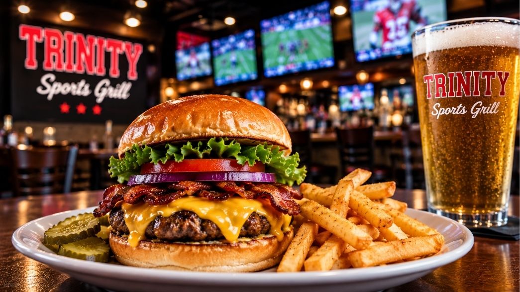 Cheeseburger with bacon, fries and beer at Trinity Sports Grill