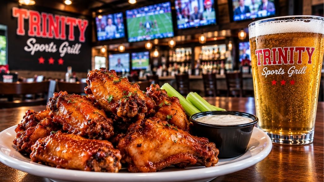 Chicken wings with celery, dipping sauce and beer at Trinity Sports Grill